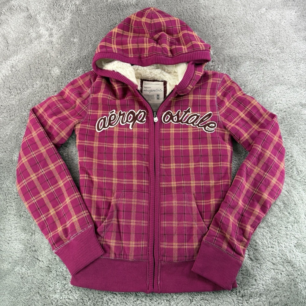 Aeropostale Y2K Faux Fur Lined Hoodie Womens Medium Pink Plaid Full Zip 00s